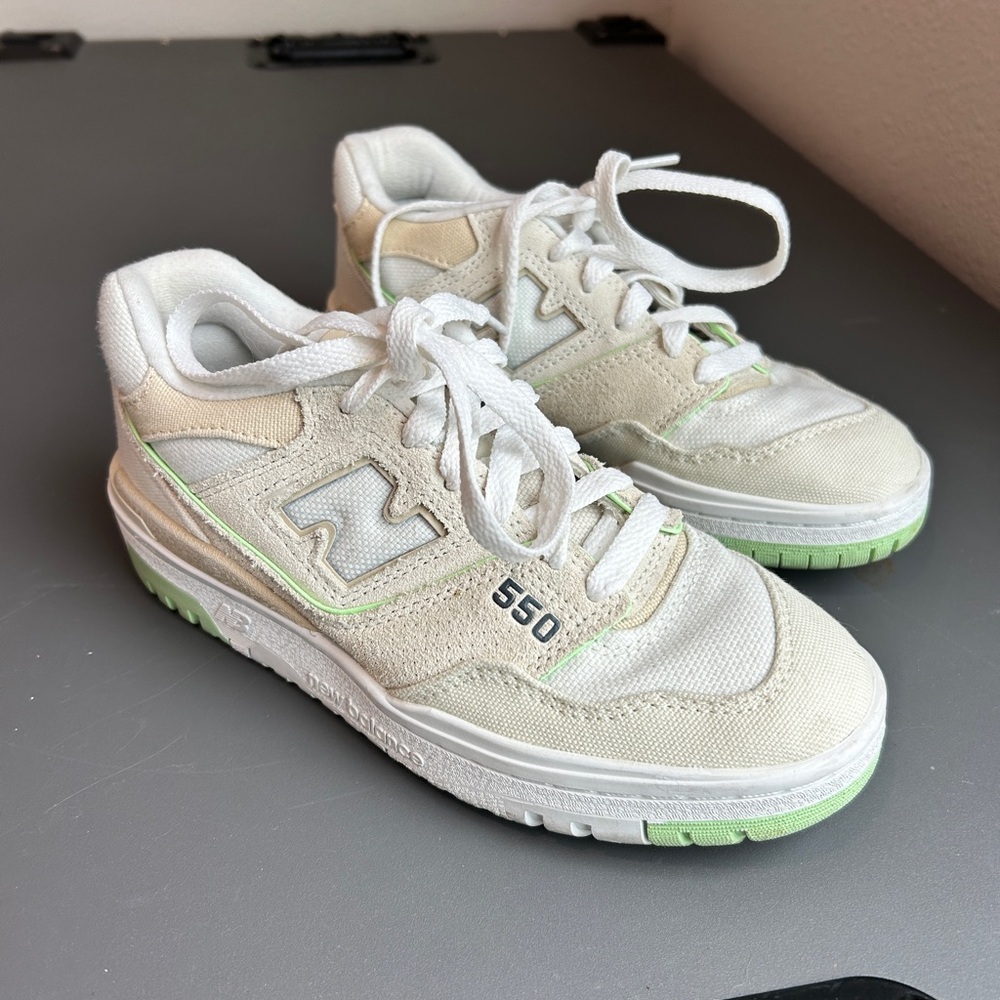 New Balance 550 White and Light Green Athletic Shoes